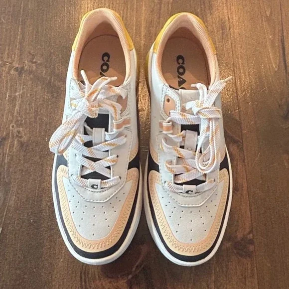 Coach Citysole Court Low Top Leather Suede Sneakers White Yellow Black Shoes 6.5 - Picture 3 of 10